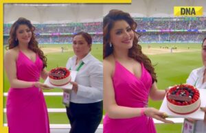 Urvashi Rautela obtiene la supervisión antes del cumpleaños durante la India vs Pakistán Champions Trophy Match en Dubai
