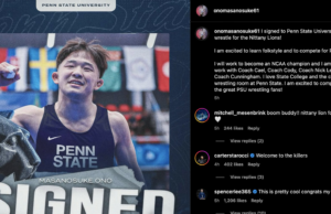 El actual campeón mundial Masanosuke Ono de Japón se compromete a la lucha libre de Penn State