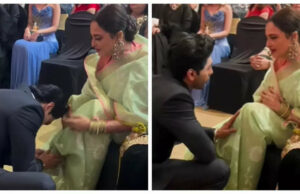 Taha Shah Badussha toca los pies de Rekha para buscar sus bendiciones; Involucra en una conversación animada con Sara Ali Khan |