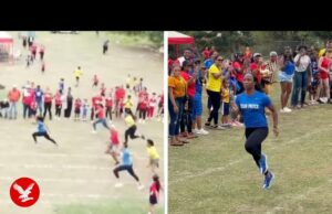 El medallista de oro olímpico domina los 100 metros en el evento del Día del Deporte de su hijo