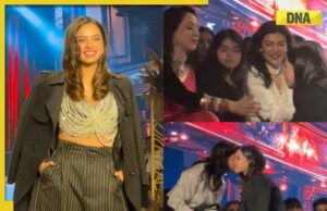 La actriz de damas de Laapataa, Nitanshi Goel, detiene su caminata de rampa para tocar los pies de Hema Malini, abraza sushmita sen