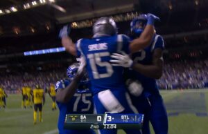 Jacob Saylor de Battlehawks se apresura a un touchdown de 20 yardas para extender el liderazgo contra los Brahmas